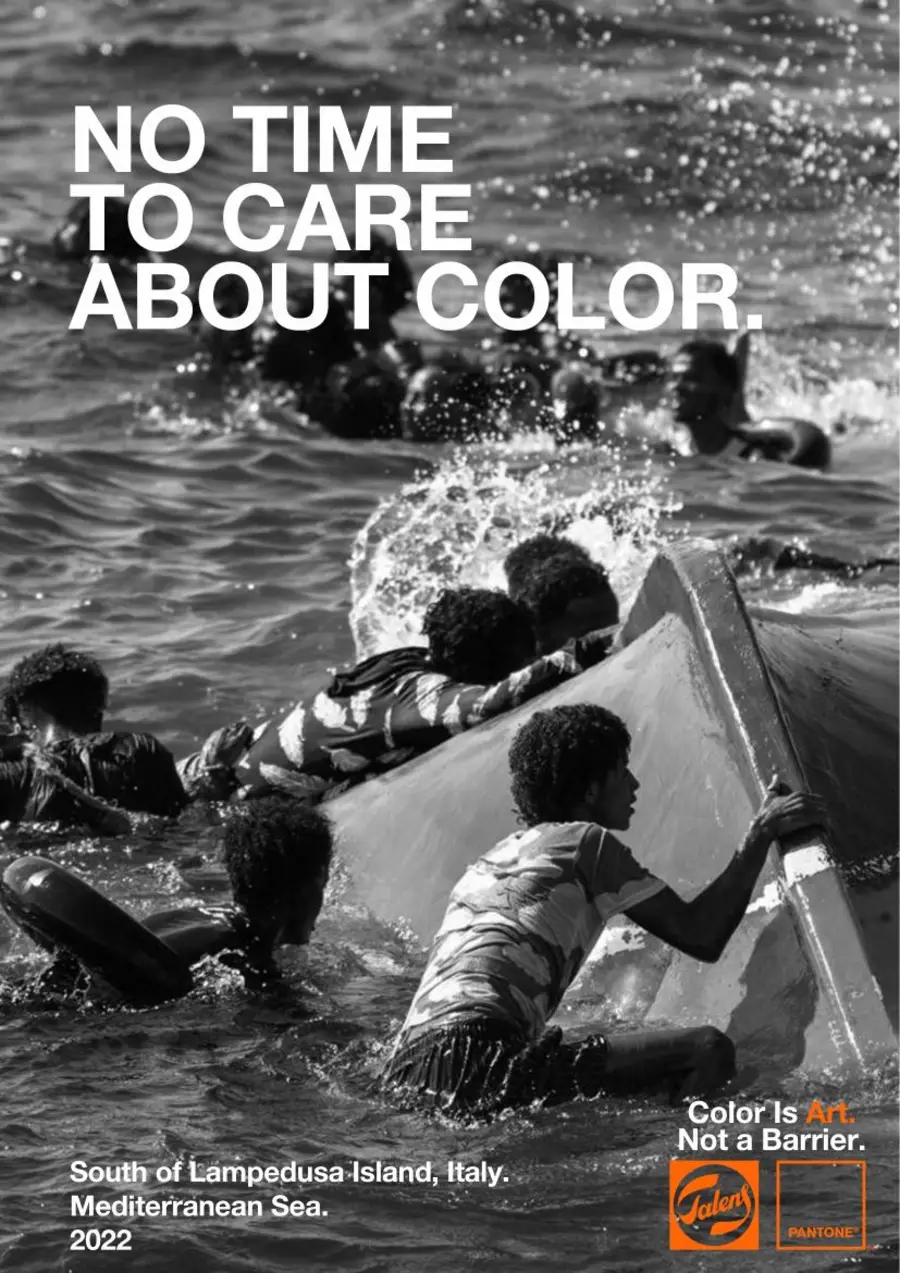 talens x pantone poster: 'no time to care about color' over a black and white photo of people clinging to a capsized boat south of lampedusa, framed like a pantone color chip